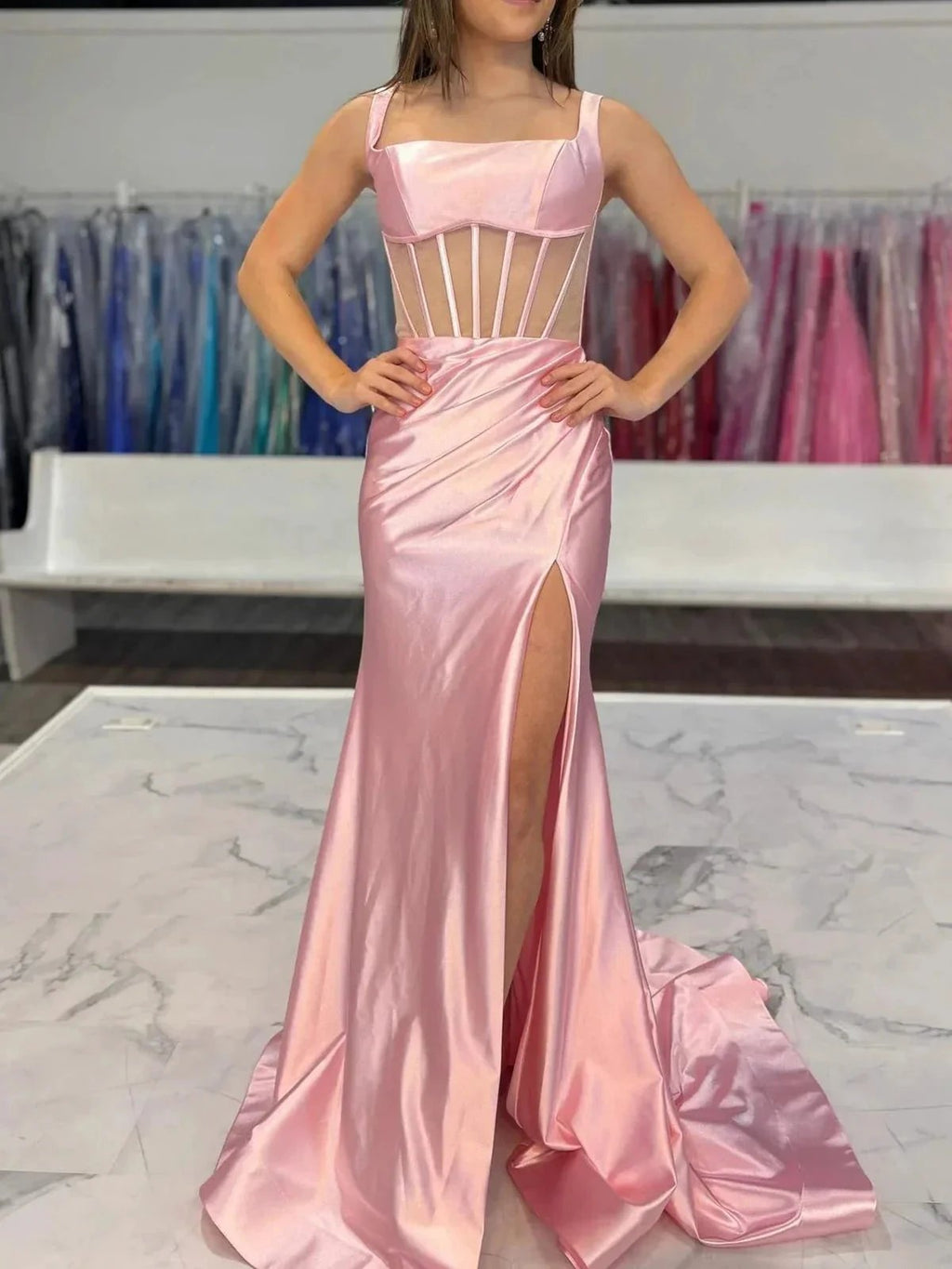 Melo | Straps Hot Pink Pleated Mermaid Prom Dress with Slit by KissProm