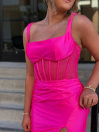 Melo | Straps Hot Pink Pleated Mermaid Prom Dress with Slit by KissProm