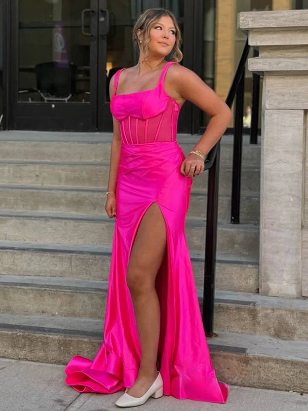 Melo | Straps Hot Pink Pleated Mermaid Prom Dress with Slit by KissProm