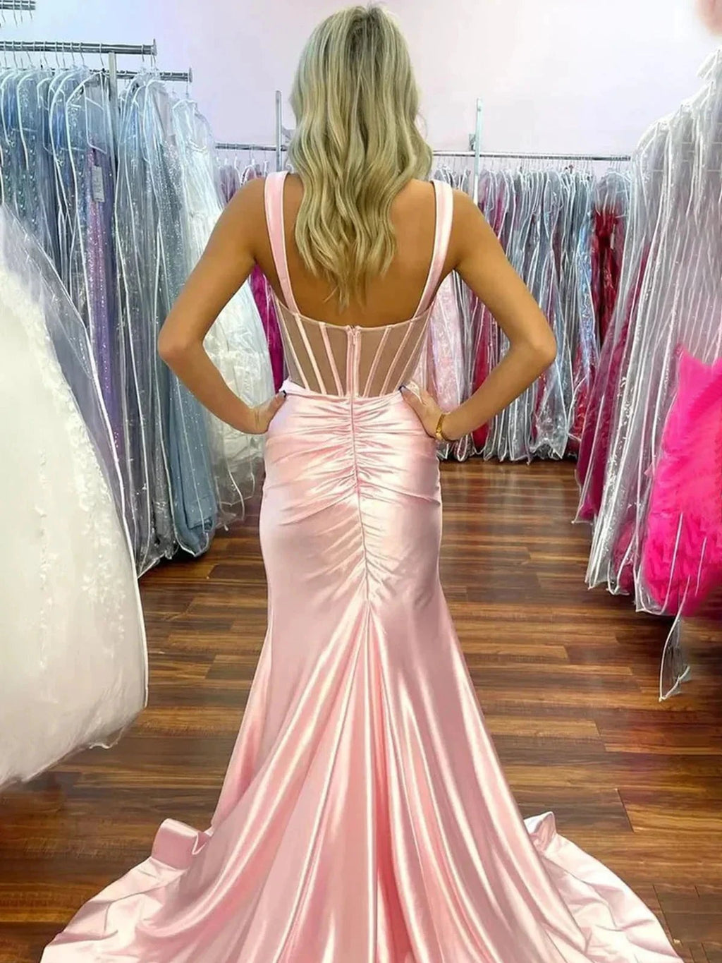 Melo | Straps Hot Pink Pleated Mermaid Prom Dress with Slit by KissProm
