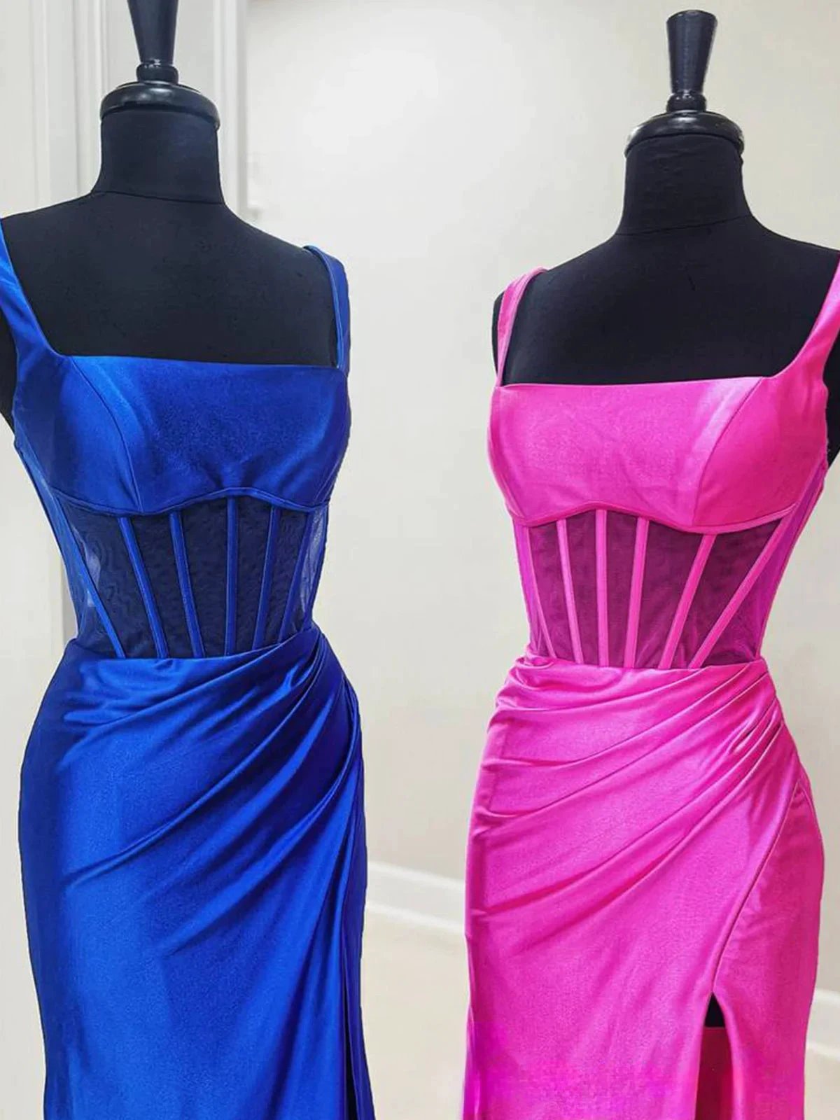 Melo | Straps Hot Pink Pleated Mermaid Prom Dress with Slit by KissProm