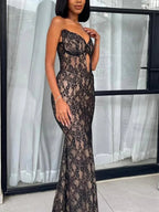 Merlia | Black Strapless V-Neck Sleeveless Lace Mermaid Prom Dress by KissProm