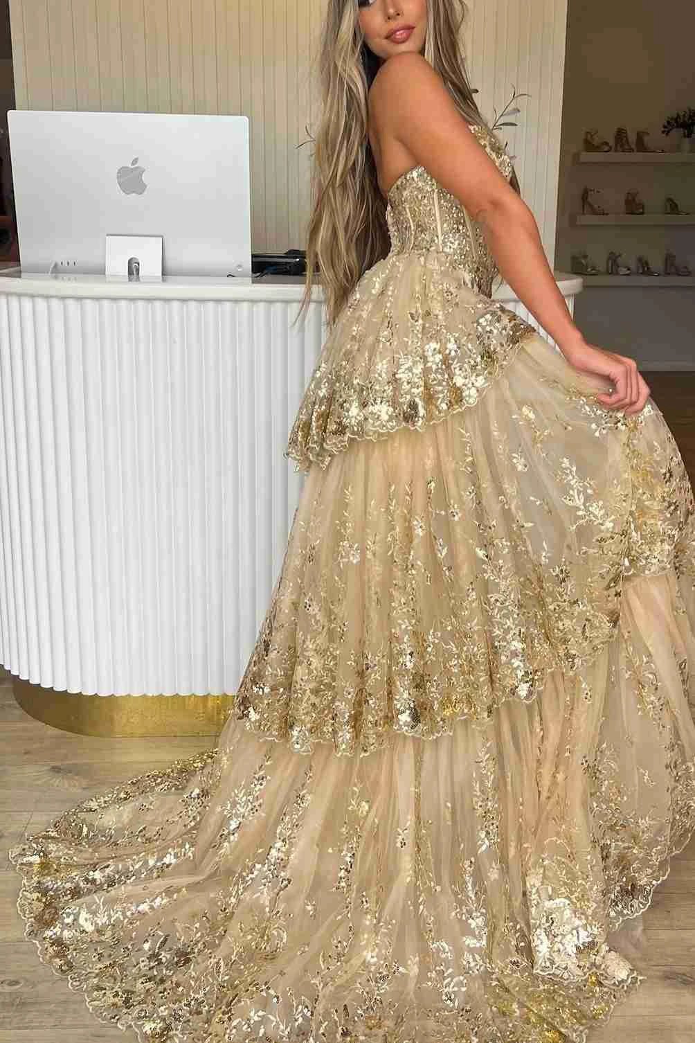 Merlin | Gold Sweetheart A-Line Lace Long Prom Dress With Split by KissProm