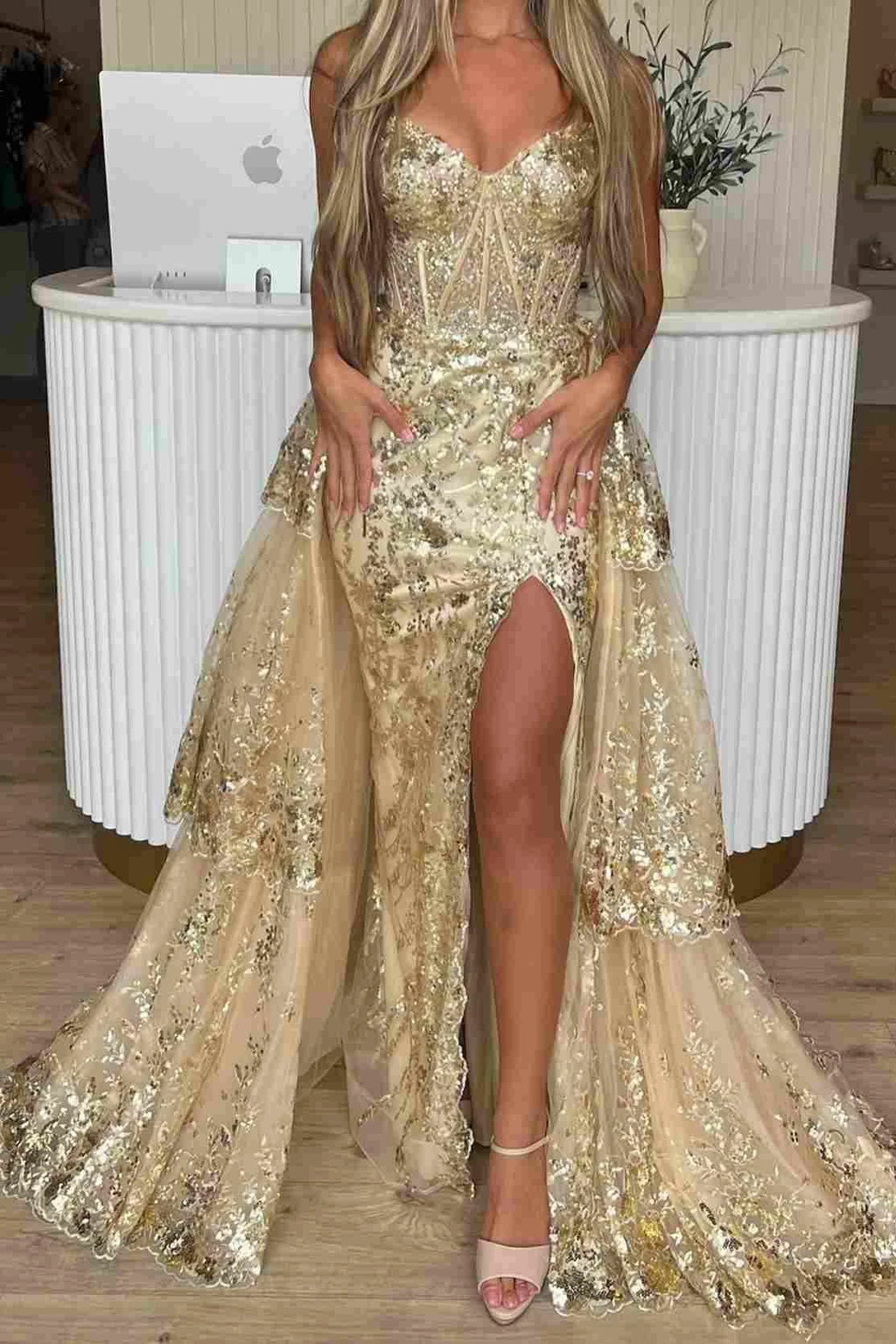 Merlin | Gold Sweetheart A-Line Lace Long Prom Dress With Split by KissProm
