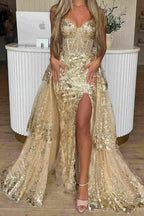 Merlin | Gold Sweetheart A-Line Lace Long Prom Dress With Split by KissProm