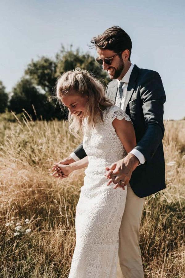 Mermaid Backless Lace Boho Cap Sleeve Bohemian Wedding Dress WD435 by pgmdress