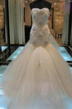 Mermaid Beading Sleeveless Tulle Sweetheart Wedding Dress by misshow.com