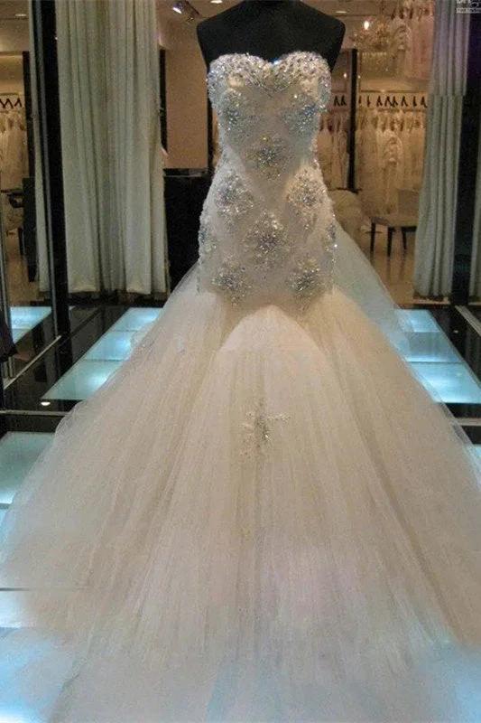 Mermaid Beading Sleeveless Tulle Sweetheart Wedding Dress by misshow.com