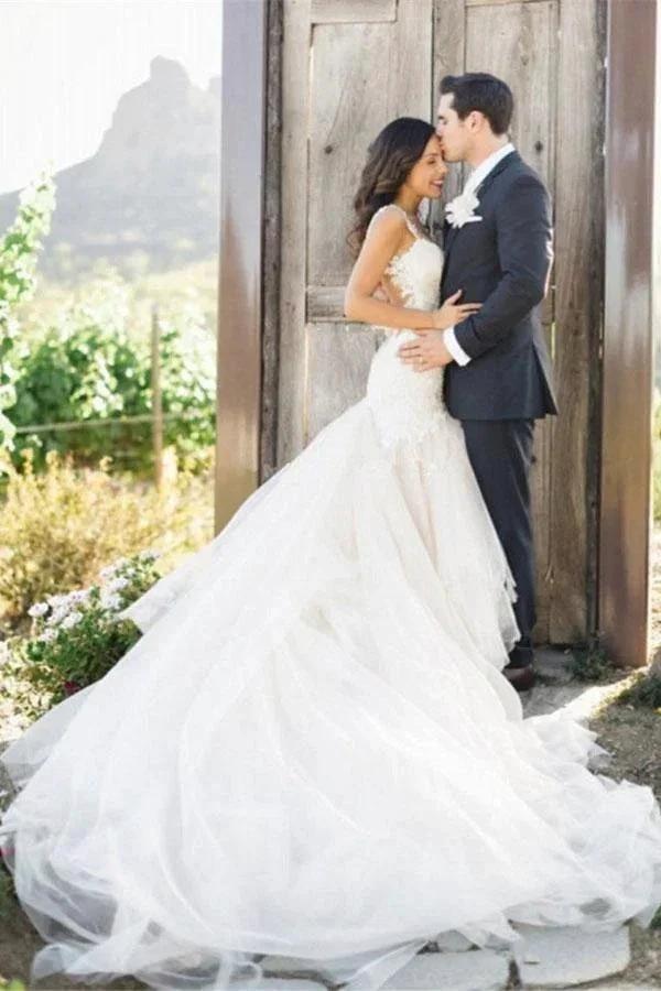 Mermaid Boat Neck Court Train Ivory Tulle Wedding Dress WD156 by pgmdress