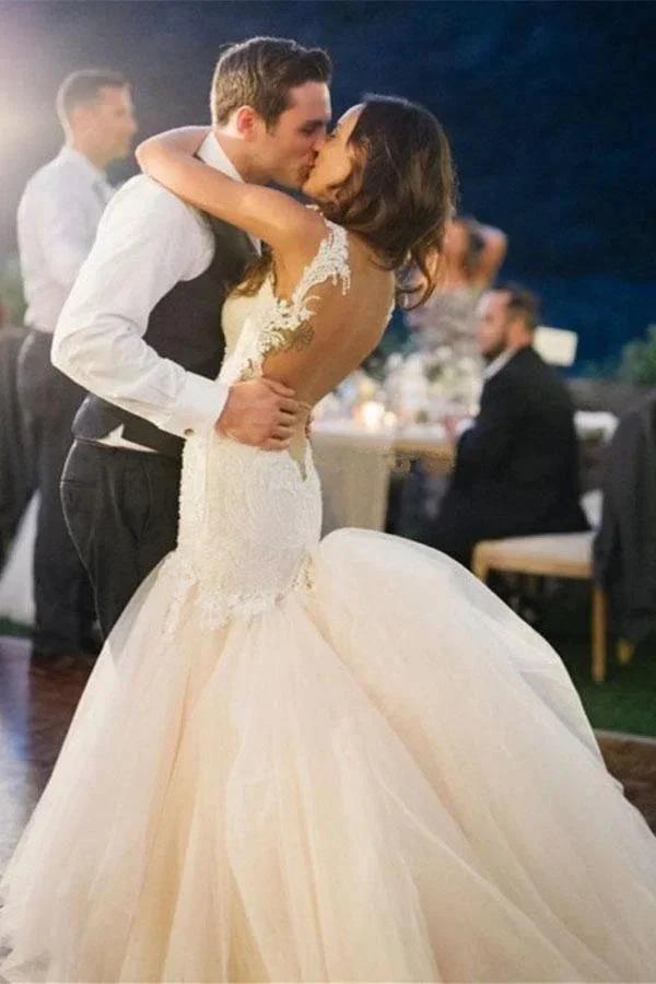 Mermaid Boat Neck Court Train Ivory Tulle Wedding Dress WD156 by pgmdress