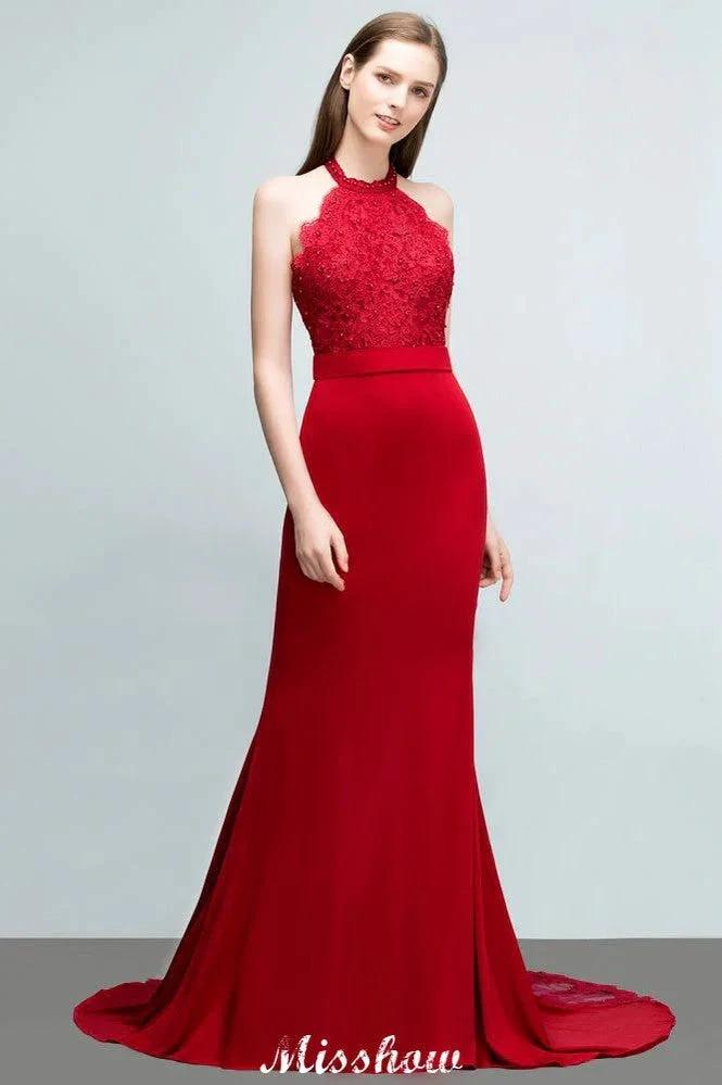 Mermaid Charmeuse Lace Halter SleevelessBridesmaid Dress Floor-Length Prom Dress by misshow.com