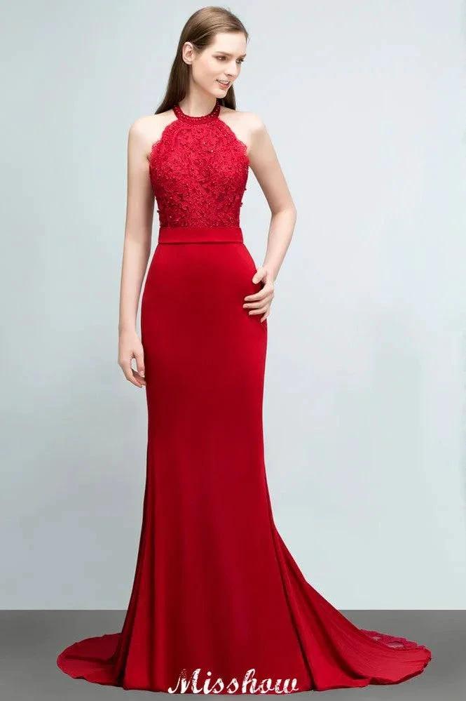 Mermaid Charmeuse Lace Halter SleevelessBridesmaid Dress Floor-Length Prom Dress by misshow.com