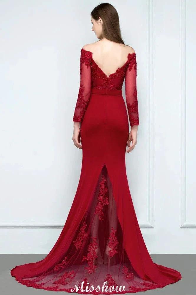 Mermaid Charmeuse Off-the-Shoulder V-Neck Floor-Length Bridesmaid Dress with Appliques by misshow.com