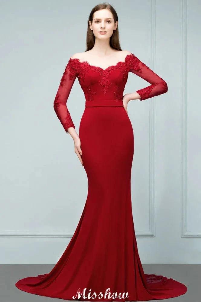 Mermaid Charmeuse Off-the-Shoulder V-Neck Floor-Length Bridesmaid Dress with Appliques by misshow.com