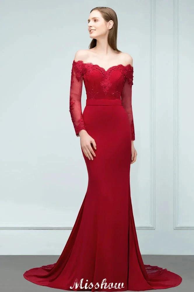Mermaid Charmeuse Off-the-Shoulder V-Neck Floor-Length Bridesmaid Dress with Appliques by misshow.com