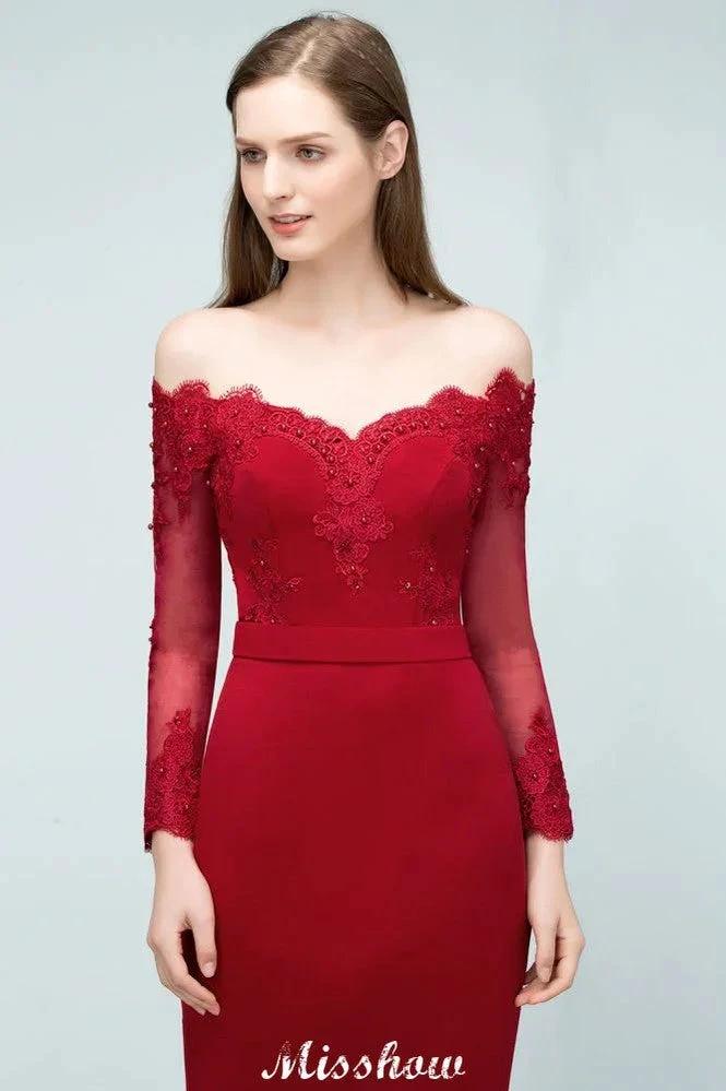 Mermaid Charmeuse Off-the-Shoulder V-Neck Floor-Length Bridesmaid Dress with Appliques by misshow.com