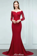 Mermaid Charmeuse Off-the-Shoulder V-Neck Floor-Length Bridesmaid Dress with Appliques by misshow.com