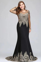 Mermaid Crew Floor Length Plus size Long Sleeves Evening Dresses with Appliques by misshow.com