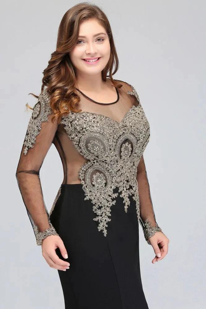 Mermaid Crew Floor Length Plus size Long Sleeves Evening Dresses with Appliques by misshow.com