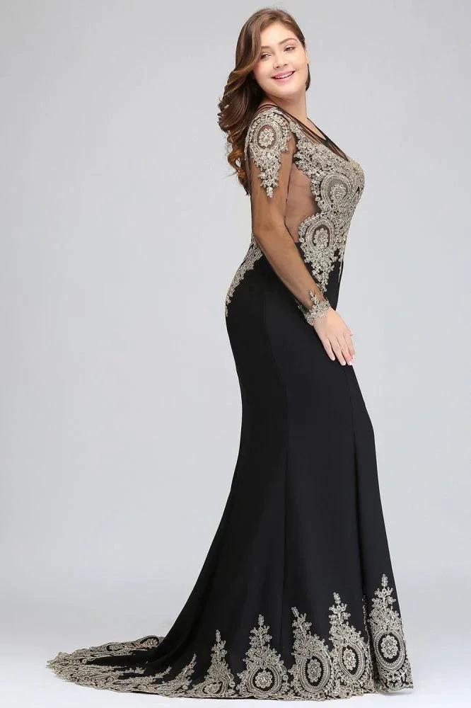 Mermaid Crew Floor Length Plus size Long Sleeves Evening Dresses with Appliques by misshow.com