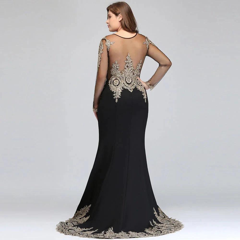 Mermaid Crew Floor Length Plus size Long Sleeves Evening Dresses with Appliques by misshow.com