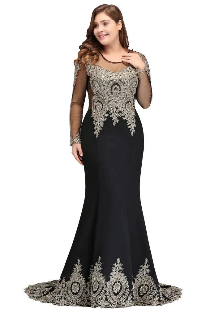 Mermaid Crew Floor Length Plus size Long Sleeves Evening Dresses with Appliques by misshow.com