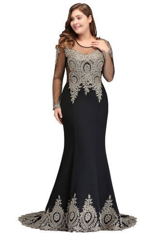 Mermaid Crew Floor Length Plus size Long Sleeves Evening Dresses with Appliques