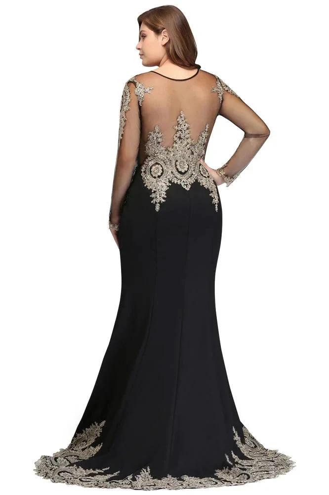 Mermaid Crew Floor Length Plus size Long Sleeves Evening Dresses with Appliques by misshow.com