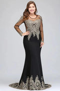 Mermaid Crew Floor Length Plus size Long Sleeves Evening Dresses with Appliques by misshow.com