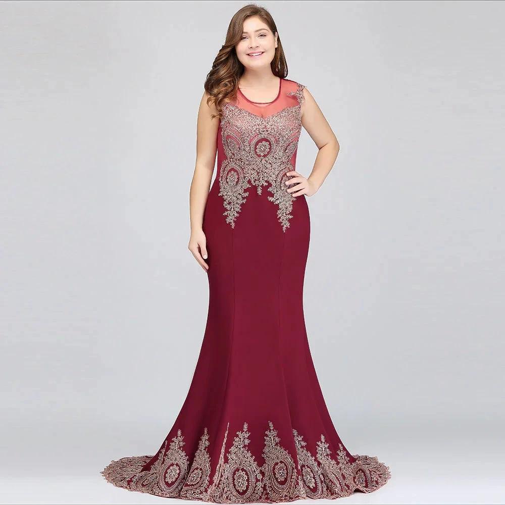 Mermaid Crew Floor Length Sleeveless Appliques Burgundy Evening Dresses by misshow.com