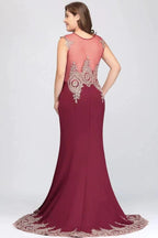 Mermaid Crew Floor Length Sleeveless Appliques Burgundy Evening Dresses by misshow.com