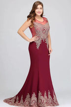 Mermaid Crew Floor Length Sleeveless Appliques Burgundy Evening Dresses by misshow.com