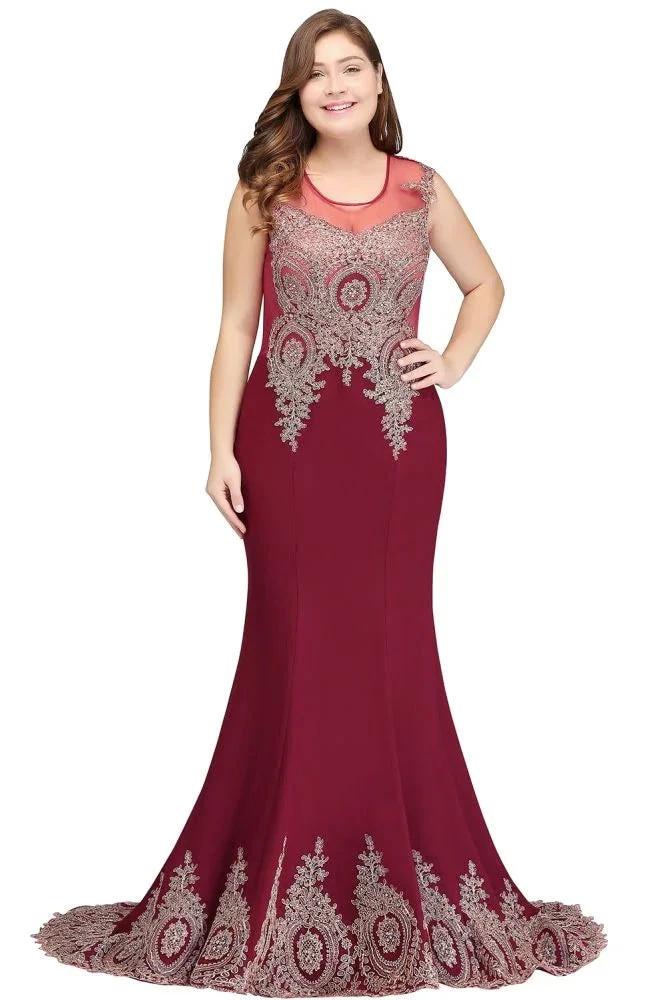 Mermaid Crew Floor Length Sleeveless Appliques Burgundy Evening Dresses by misshow.com