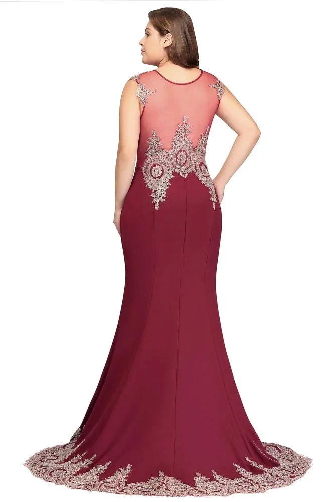 Mermaid Crew Floor Length Sleeveless Appliques Burgundy Evening Dresses by misshow.com