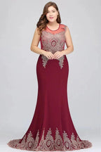 Mermaid Crew Floor Length Sleeveless Appliques Burgundy Evening Dresses by misshow.com
