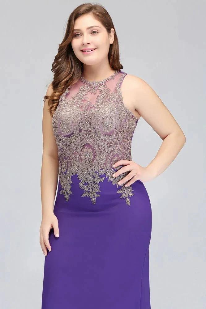 Mermaid Crew Floor Length Sleeveless Plus size Evening Dresses with Appliques by misshow.com