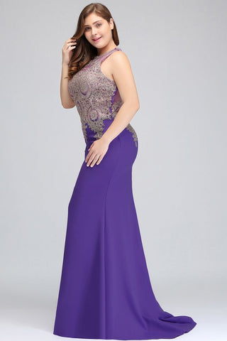 Mermaid Crew Floor Length Sleeveless Plus size Evening Dresses with Appliques