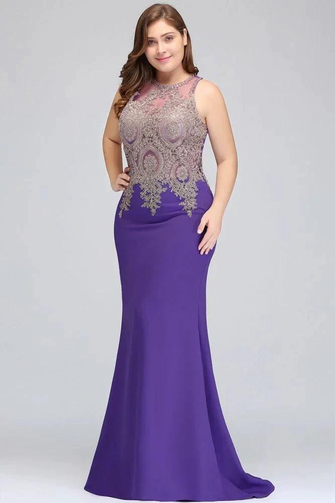 Mermaid Crew Floor Length Sleeveless Plus size Evening Dresses with Appliques by misshow.com