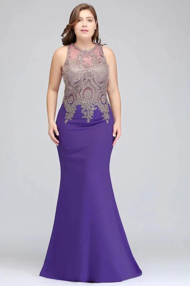 Mermaid Crew Floor Length Sleeveless Plus size Evening Dresses with Appliques by misshow.com