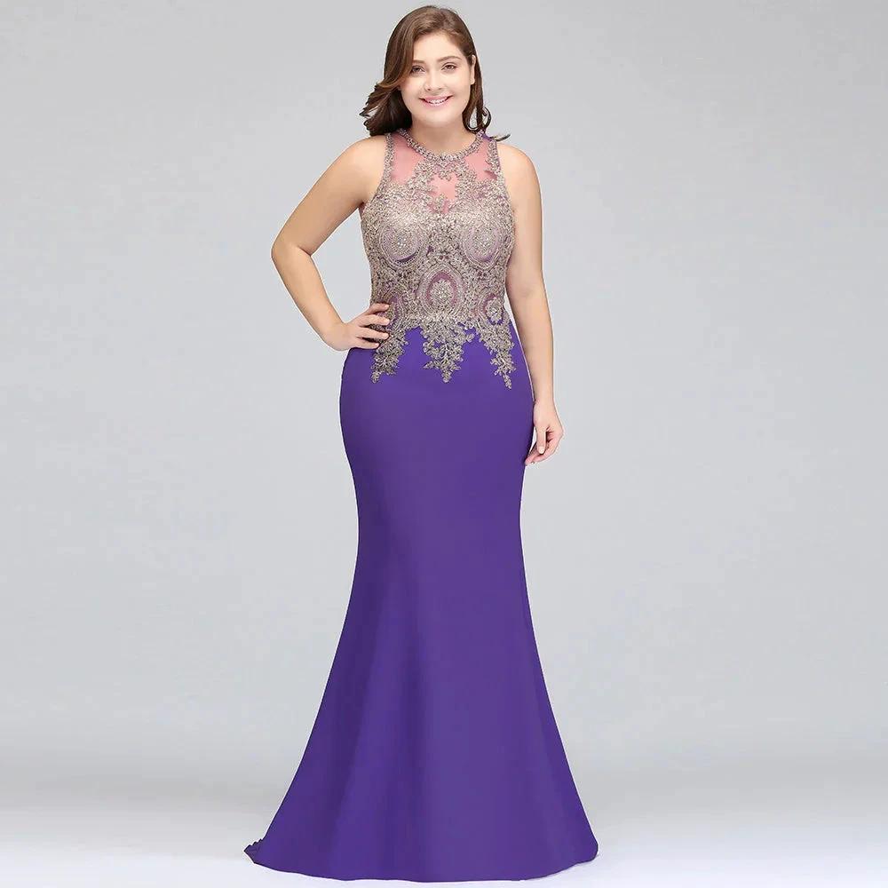 Mermaid Crew Floor Length Sleeveless Plus size Evening Dresses with Appliques by misshow.com