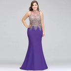 Mermaid Crew Floor Length Sleeveless Plus size Evening Dresses with Appliques by misshow.com