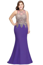 Mermaid Crew Floor Length Sleeveless Plus size Evening Dresses with Appliques by misshow.com