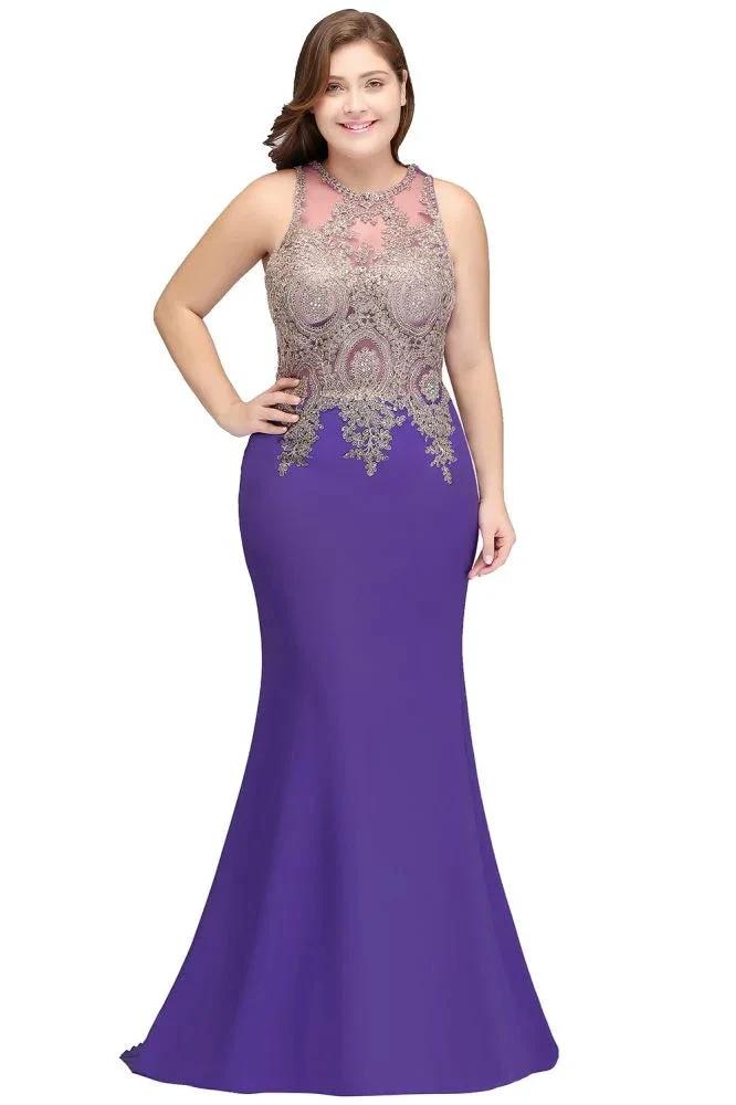 Mermaid Crew Floor Length Sleeveless Plus size Evening Dresses with Appliques by misshow.com