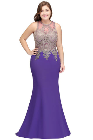 Mermaid Crew Floor Length Sleeveless Plus size Evening Dresses with Appliques