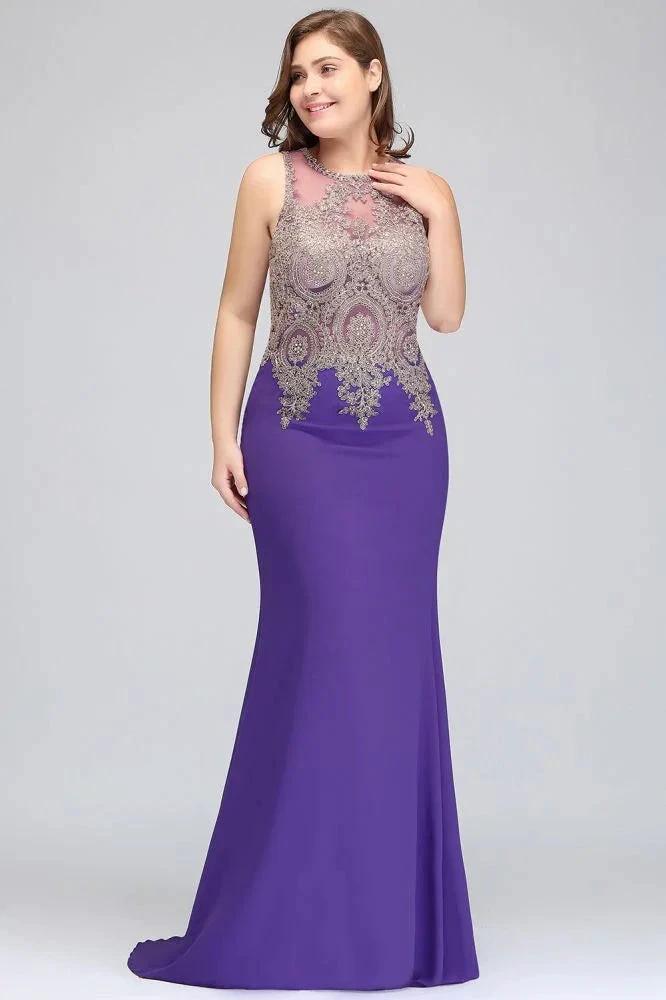 Mermaid Crew Floor Length Sleeveless Plus size Evening Dresses with Appliques by misshow.com