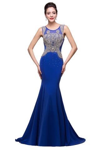 Vestidos formales azules de corte sirena con cuello redondo y apliques