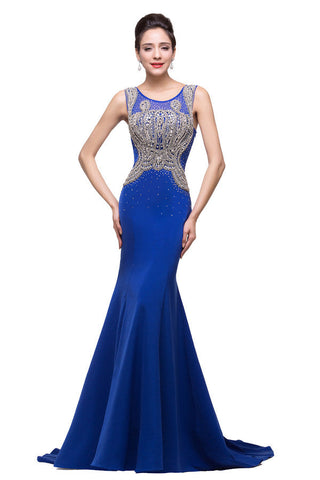 Vestidos formales azules de corte sirena con cuello redondo y apliques