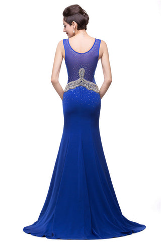 Vestidos formales azules de corte sirena con cuello redondo y apliques