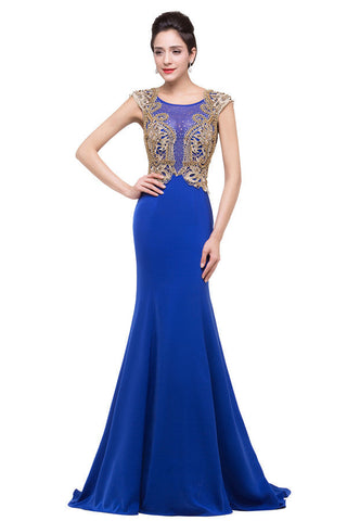 Vestidos formales azules de corte sirena con cuello redondo y apliques