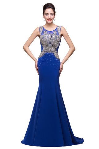 Vestidos formales azules de corte sirena con cuello redondo y apliques
